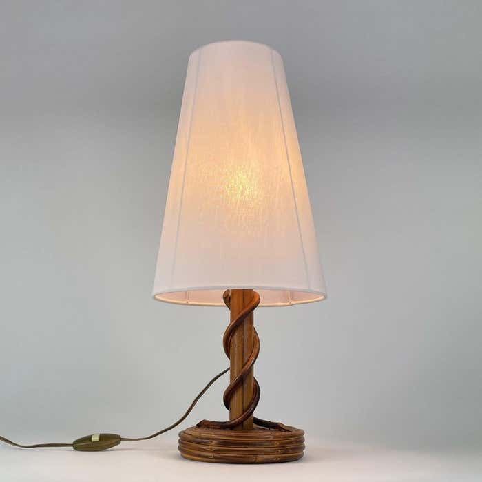 Louis Sognot Rattan Bamboo Fabric Table Lamp, France 1950s photo vintage