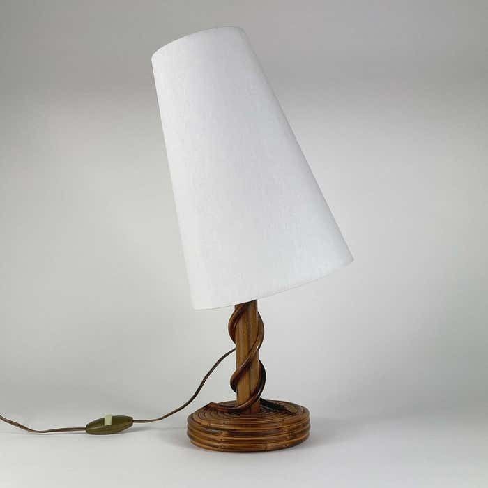 photo furniture Louis Sognot Rattan Bamboo Fabric Table Lamp, France 1950s