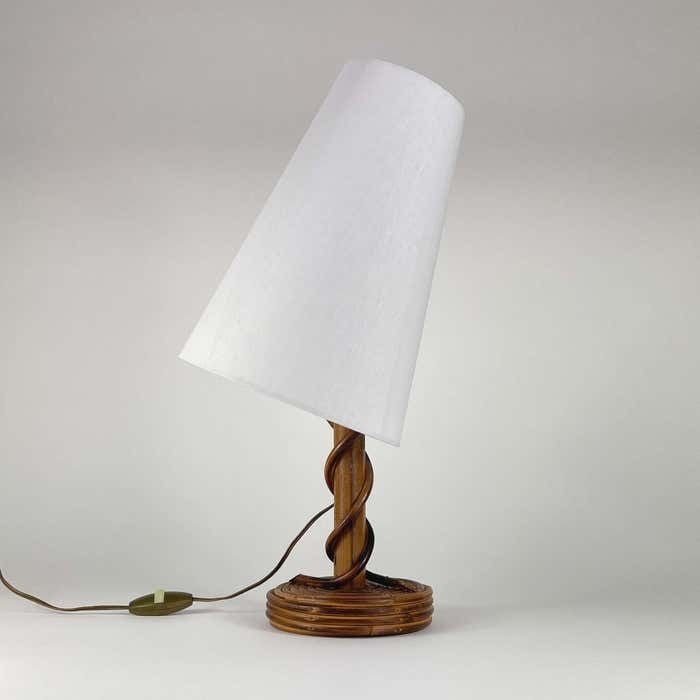 photo for sale Louis Sognot Rattan Bamboo Fabric Table Lamp, France 1950s
