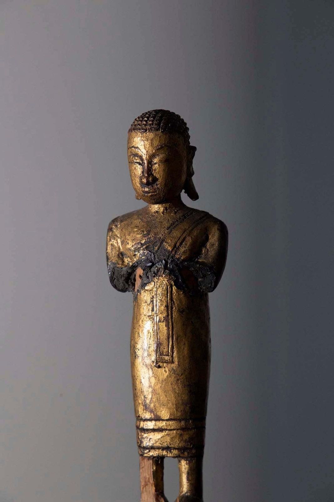 Sculpture Of A Buddhist Monk In Praying Wood Burma, 19th Century photo for sale