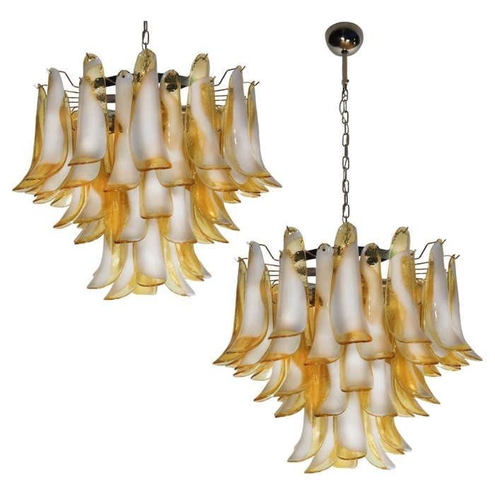 Pair Of Italian Caramello Petal Chandeliers, Murano