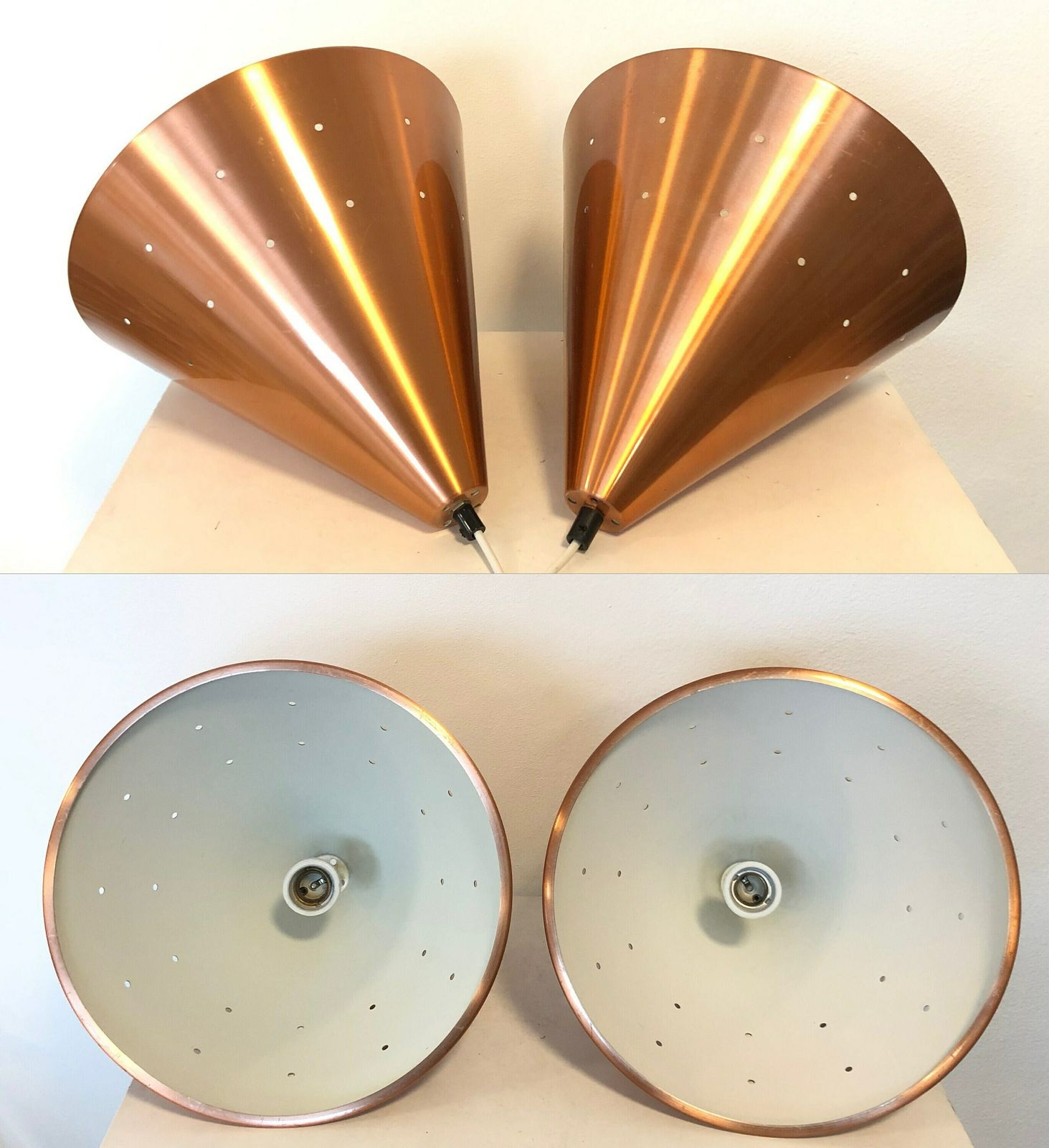 Pair Of Gorgeous Vintage Design Ceiling Lamps From Denmark With Shades In Warm Copper Coloured Aluminium With Perforated Holes photo buy