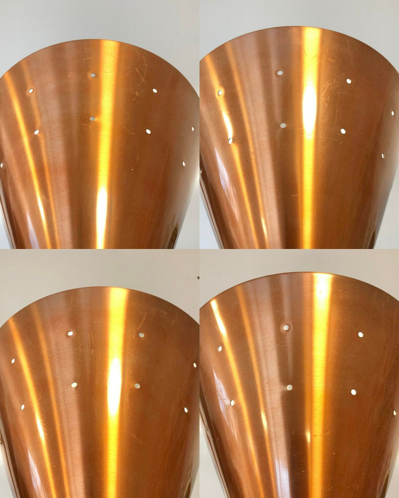 photo for sale Pair Of Gorgeous Vintage Design Ceiling Lamps From Denmark With Shades In Warm Copper Coloured Aluminium With Perforated Holes