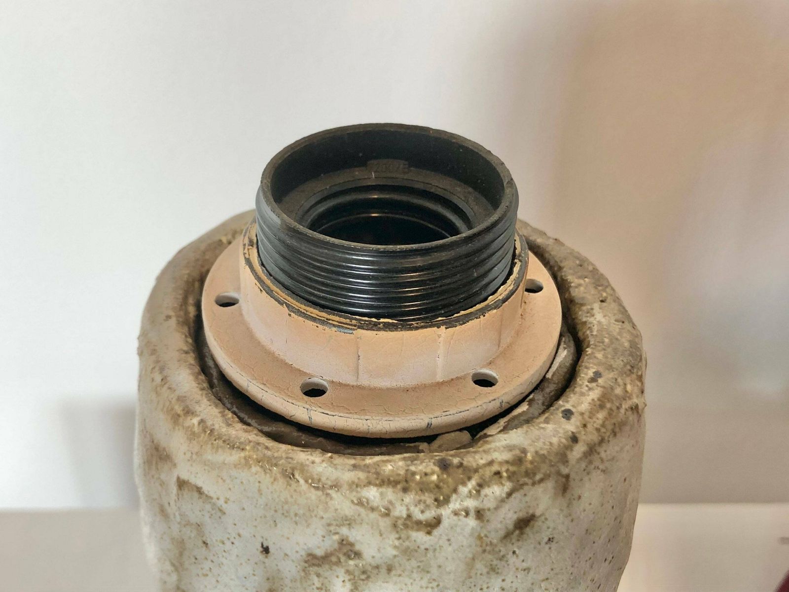 photo furniture Danish Chunky Vintage Design Ceramic Table Lamp In Organic Shape With White Glaze On Raw Clay And Beautiful Purple Drum Shade