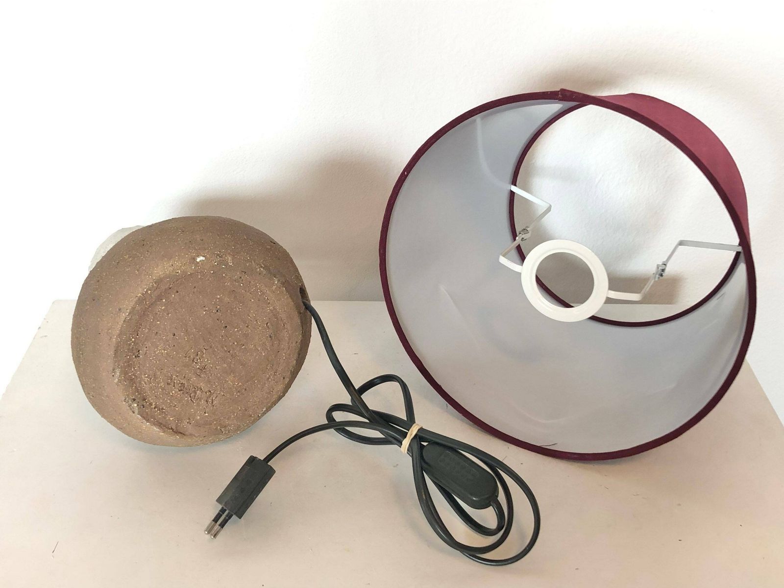 photo for sale Danish Chunky Vintage Design Ceramic Table Lamp In Organic Shape With White Glaze On Raw Clay And Beautiful Purple Drum Shade