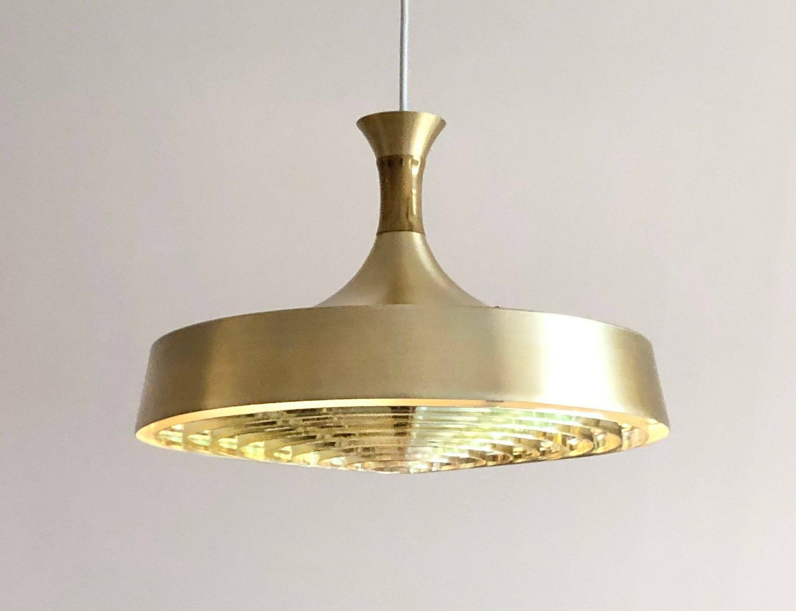 Danish Mid Century Modern Design Minimalist Ceiling Lamp With Gold Painted Metal Shade And Cool Gold Plastc Grid
