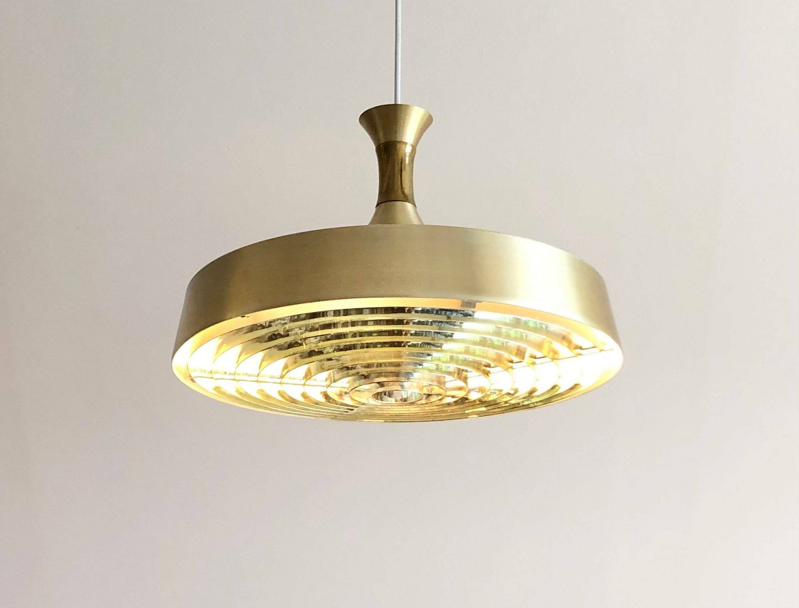 Danish Mid Century Modern Design Minimalist Ceiling Lamp With Gold Painted Metal Shade And Cool Gold Plastc Grid photo for sale