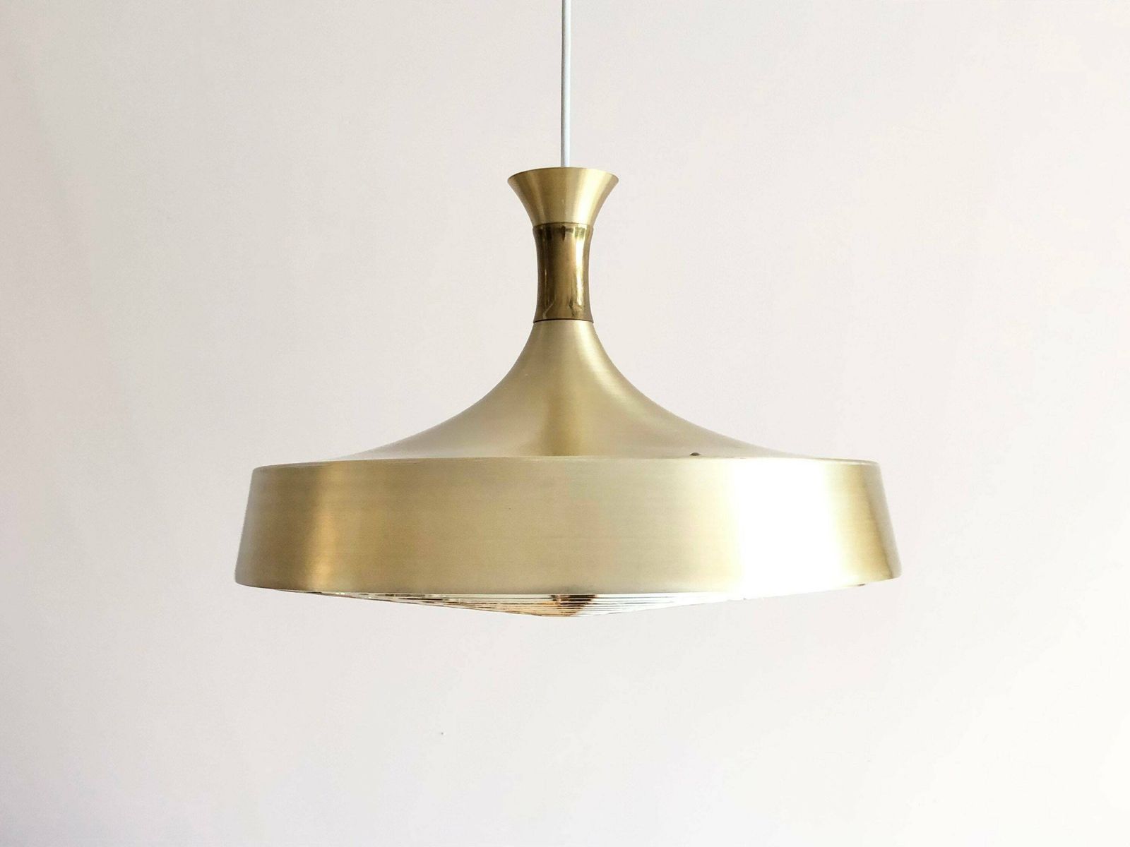 Danish Mid Century Modern Design Minimalist Ceiling Lamp With Gold Painted Metal Shade And Cool Gold Plastc Grid photo vinterior