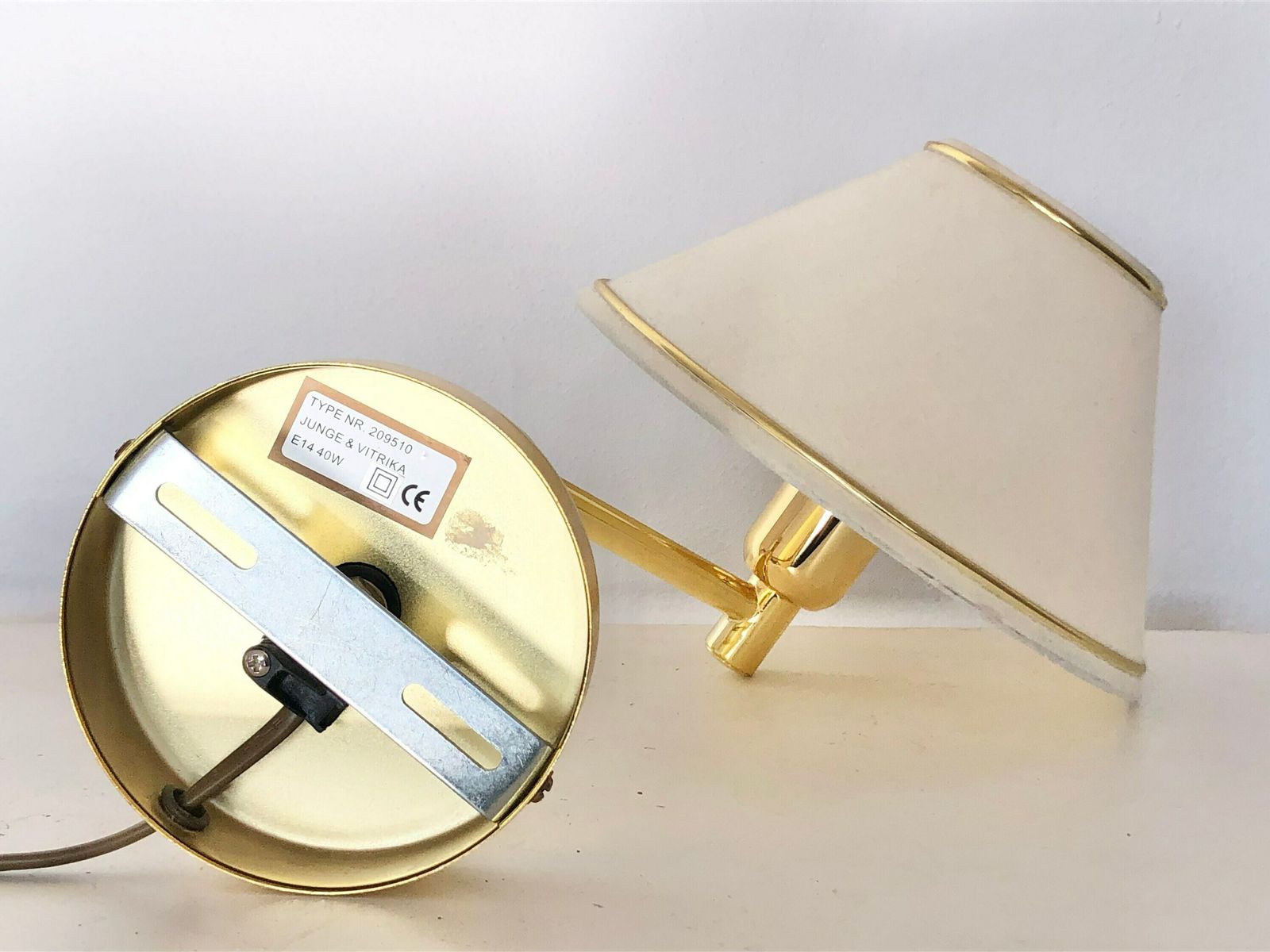 photo furniture Mid Century Danish Small Swing Arm Junge & Vitrika Design Wall Lamp In Brass With Vintage Beige Fabric Shade