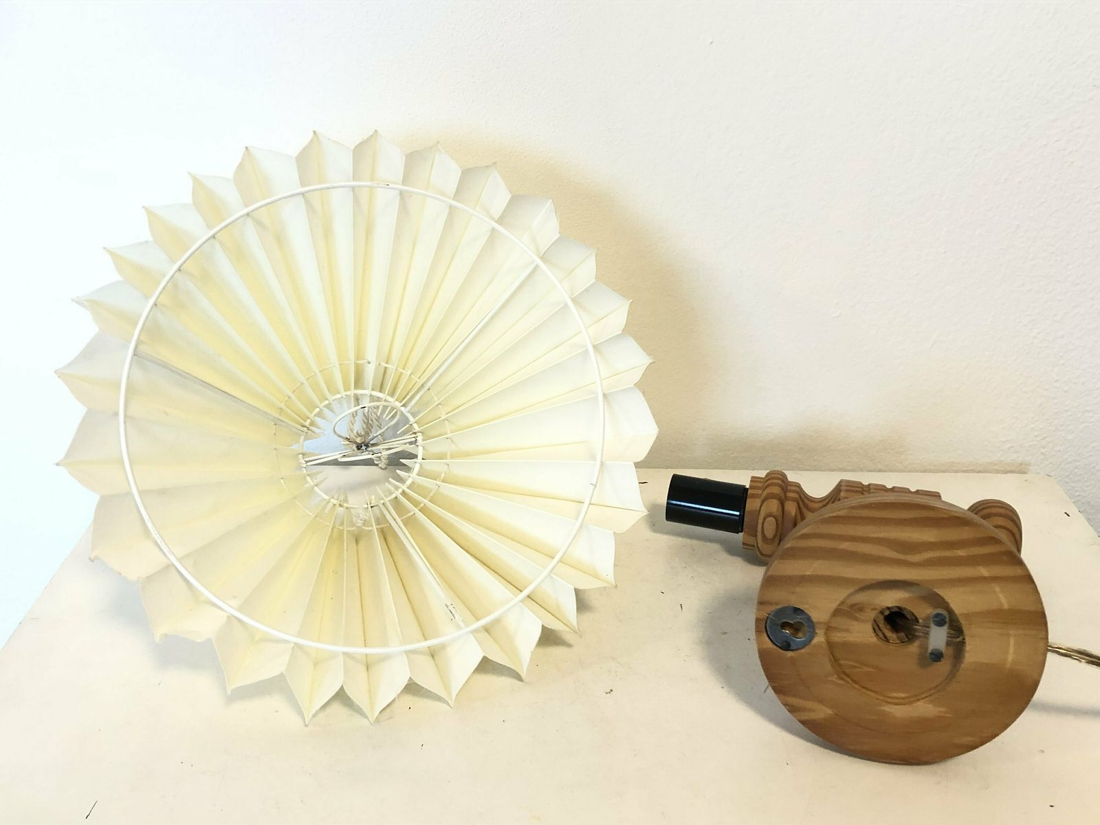 Beautiful Mid Century Danish Wooden Wall Lamp With Carvings And Vintage Beige Fabric Shade photo vintage