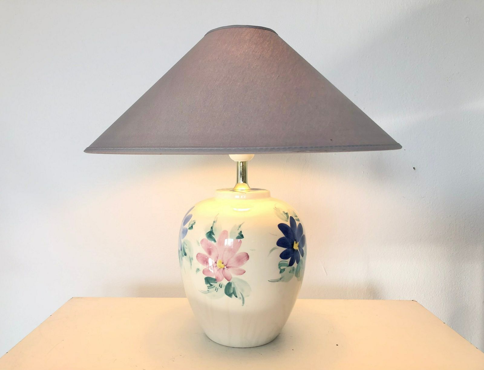 Danish Mid Century Table Lamp In Beautiful Off White Glazed Porcelain With Flower Decoration And Grey Vintage Fabric Shade   Design By Rd