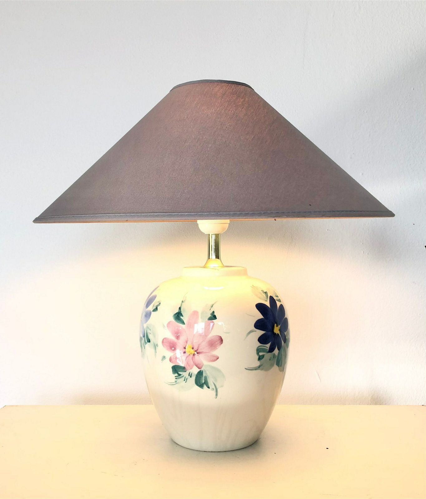 Danish Mid Century Table Lamp In Beautiful Off White Glazed Porcelain With Flower Decoration And Grey Vintage Fabric Shade   Design By Rd photo for sale