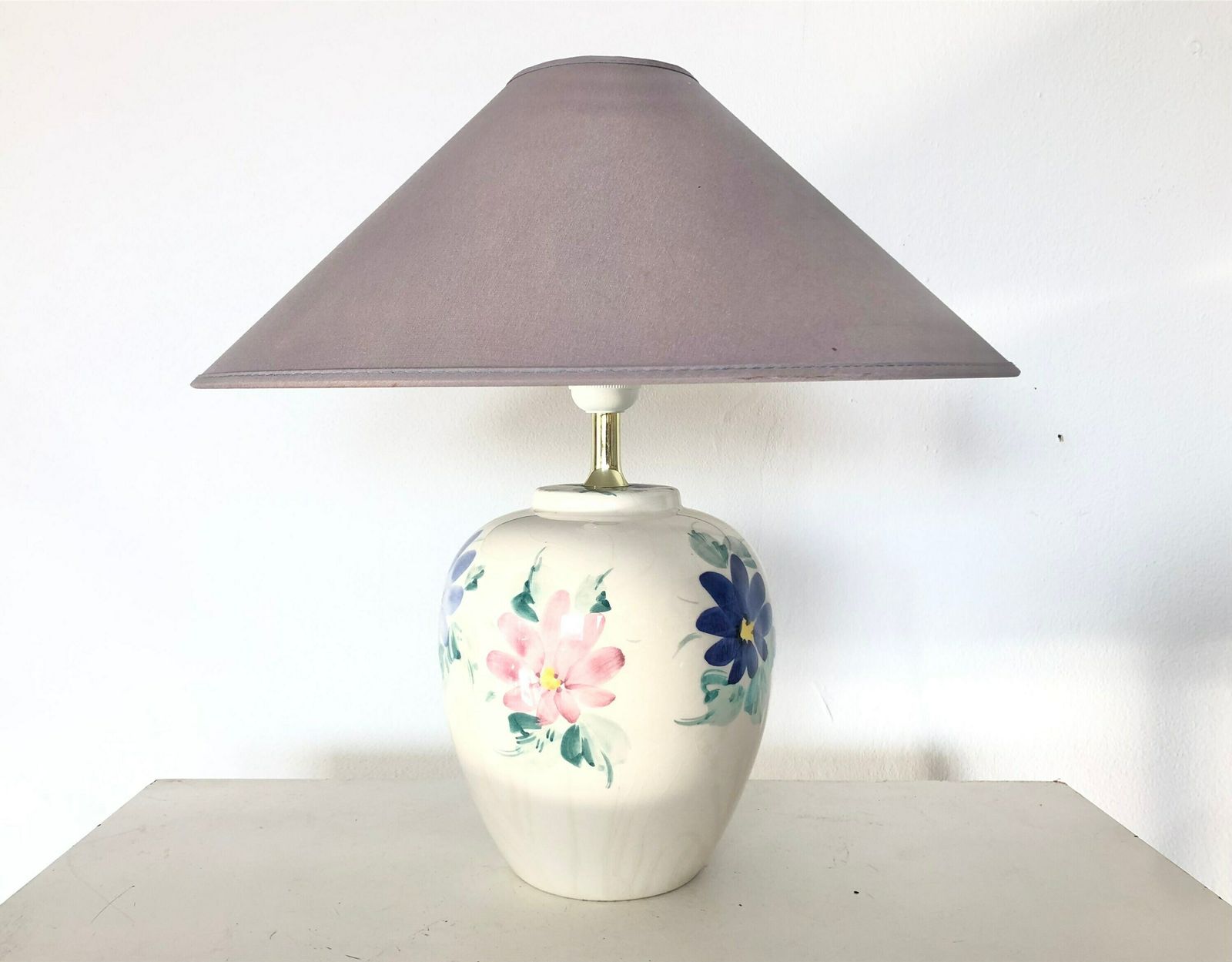 Danish Mid Century Table Lamp In Beautiful Off White Glazed Porcelain With Flower Decoration And Grey Vintage Fabric Shade   Design By Rd photo Lighting