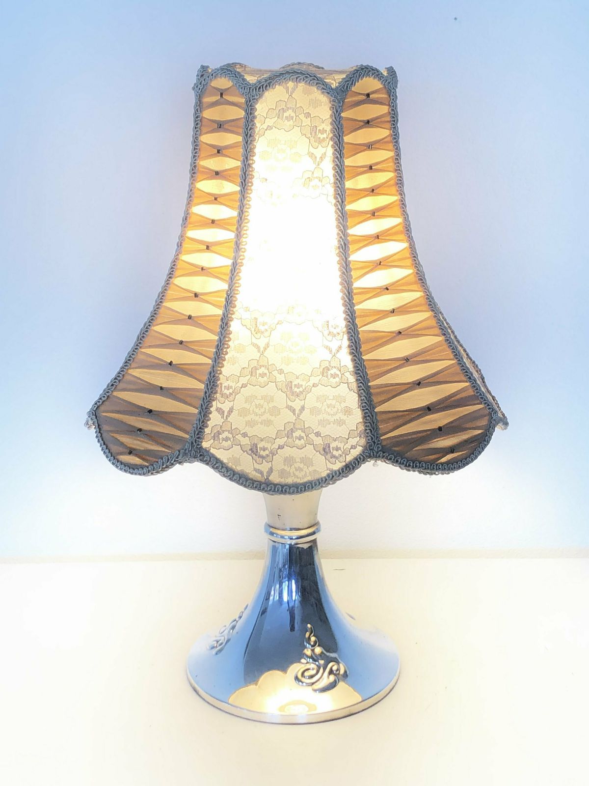 Danish Art Deco Silverplate Table Lamp In Organic Shape With Decoration And Beautiful Lace And Fabric Shade   Design By Hags, Denmark photo for sale