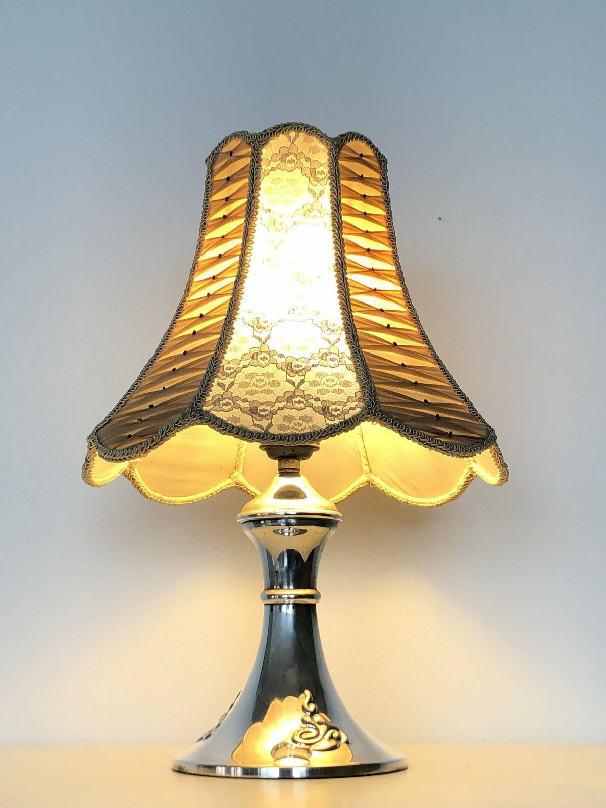 Danish Art Deco Silverplate Table Lamp In Organic Shape With Decoration And Beautiful Lace And Fabric Shade   Design By Hags, Denmark photo 233.0