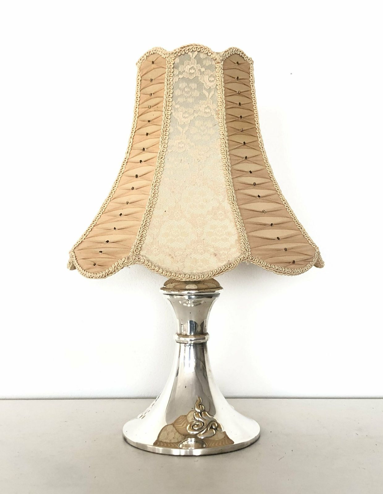 Danish Art Deco Silverplate Table Lamp In Organic Shape With Decoration And Beautiful Lace And Fabric Shade   Design By Hags, Denmark photo vinterior
