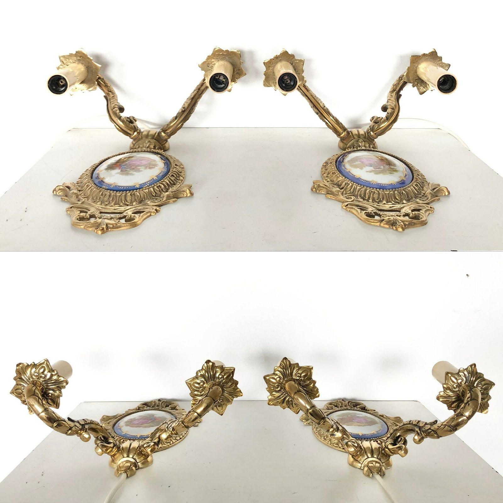 photo furniture Pair Of French Mid Century Limoges Vintage Wall Lamps With Beautiful Porcelain Plates And Brass Wall Mounts