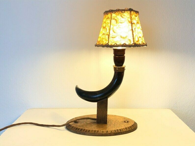 Beautiful Early Mid Century Danish Horn And Wood Table Lamp With Beautiful Shapes And Vintage Beige Lace Fabric Shade photo vinterior