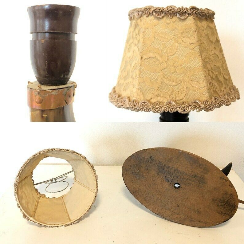 photo for sale Beautiful Early Mid Century Danish Horn And Wood Table Lamp With Beautiful Shapes And Vintage Beige Lace Fabric Shade