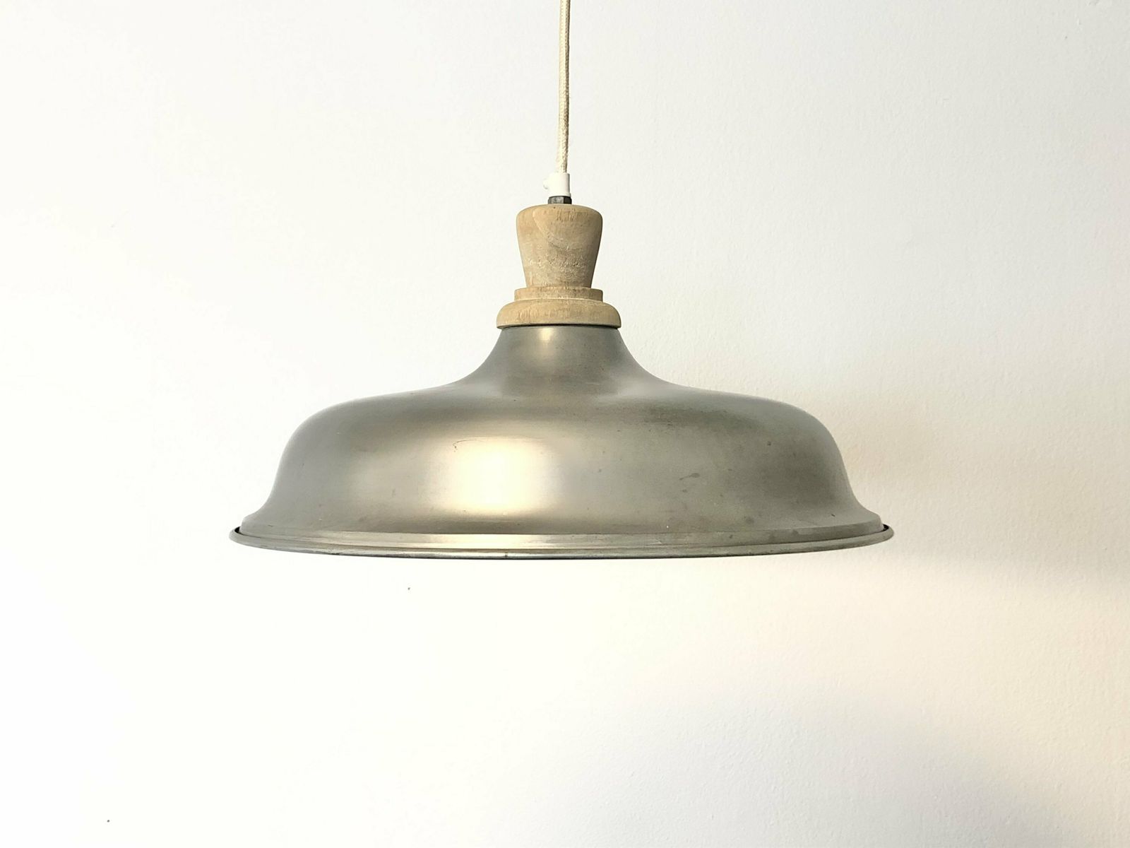 Vintage Industrial Design Mid Century Ceiling Lamp In Aluminium Metal And Wooden Top