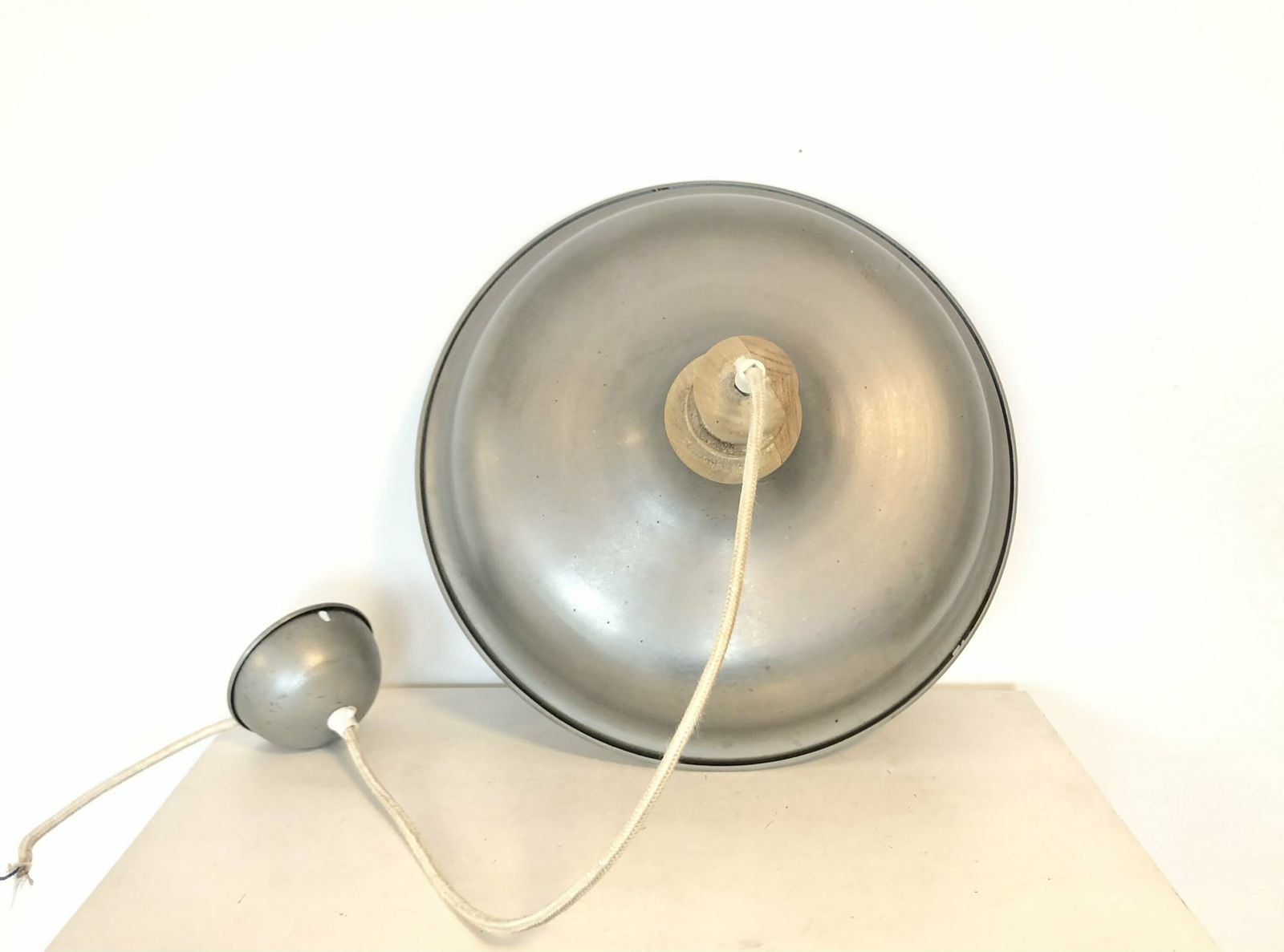 Vintage Industrial Design Mid Century Ceiling Lamp In Aluminium Metal And Wooden Top photo vinterior