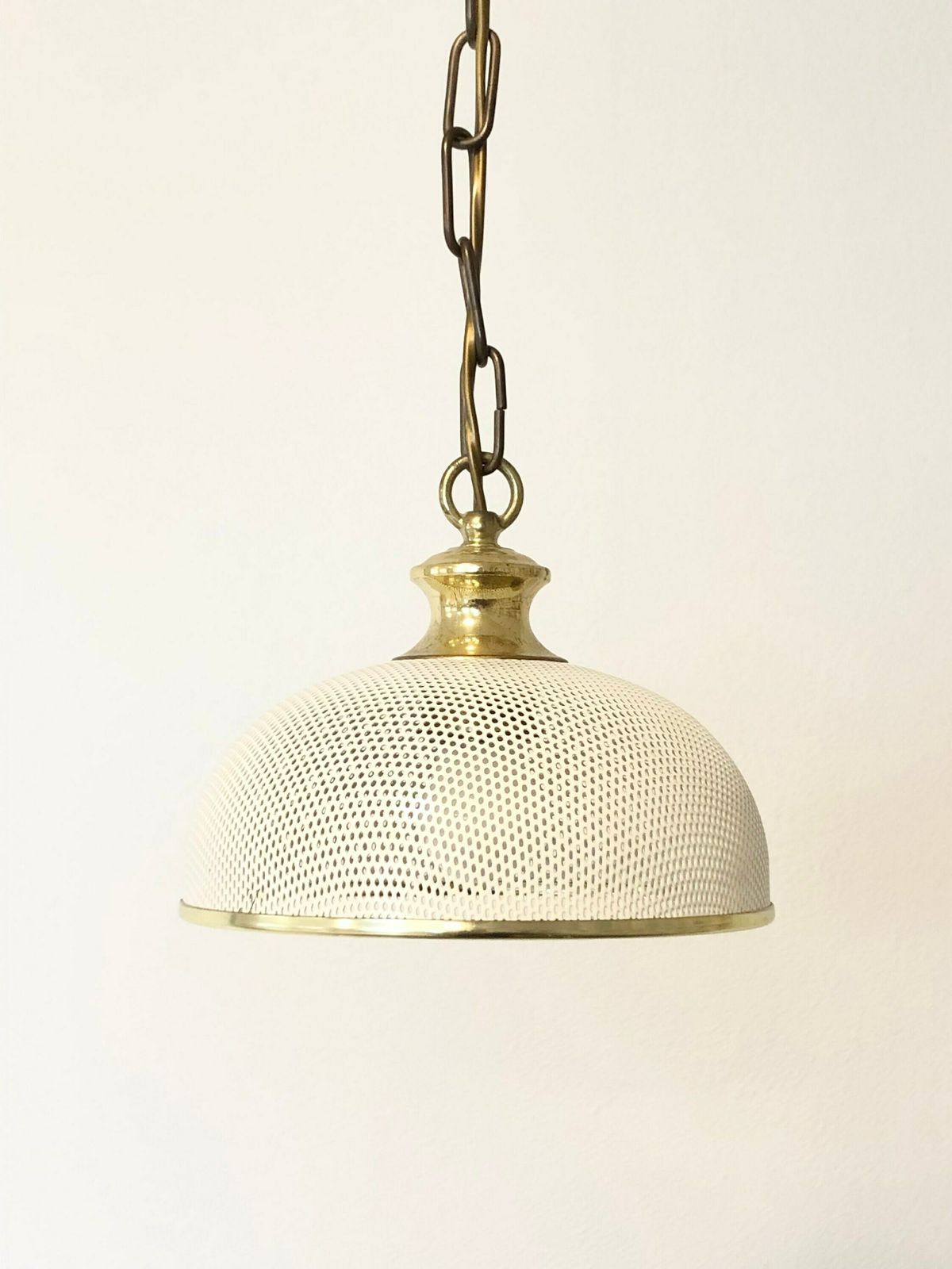 Danish Vintage Ceiling Lamp In White Perforated Metal And Great Design Details In Brass And Gold photo 196.0