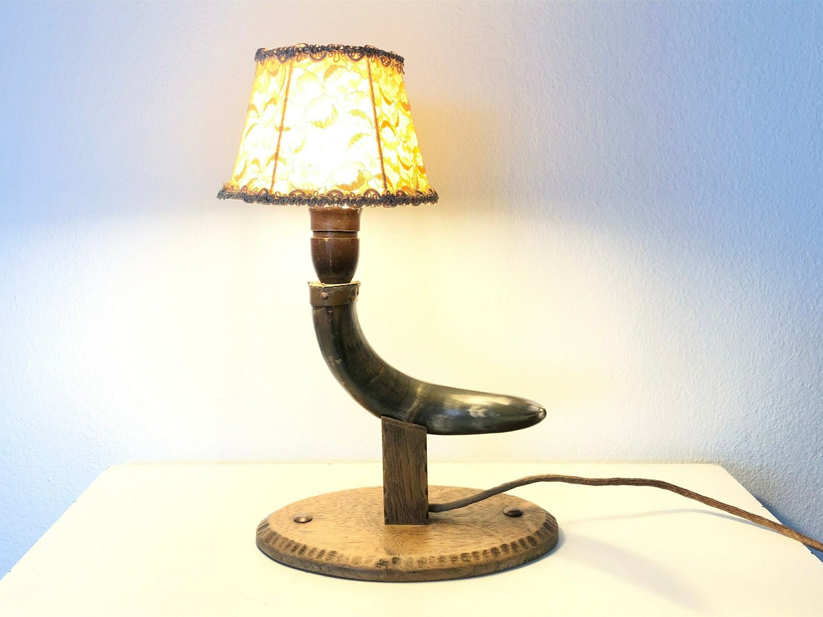 Lighting Beautiful Early Mid Century Danish Horn And Wood Table Lamp With Beautiful Shapes And Vintage Beige Lace Fabric Shade photo