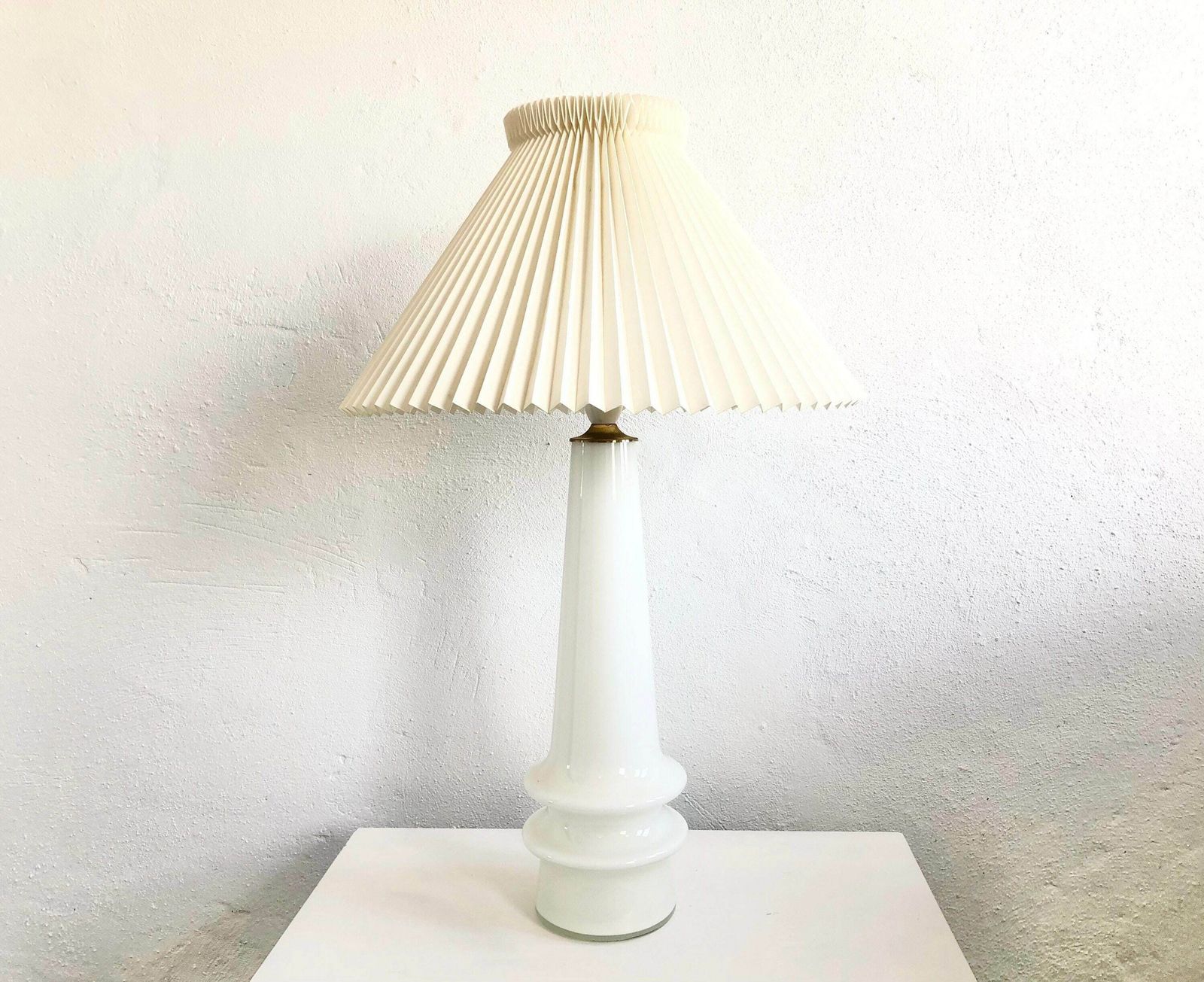 Danish Mid Century Huge White Glass Table Lamp With Large Le Klint Off White Pleated Shade photo 393.0