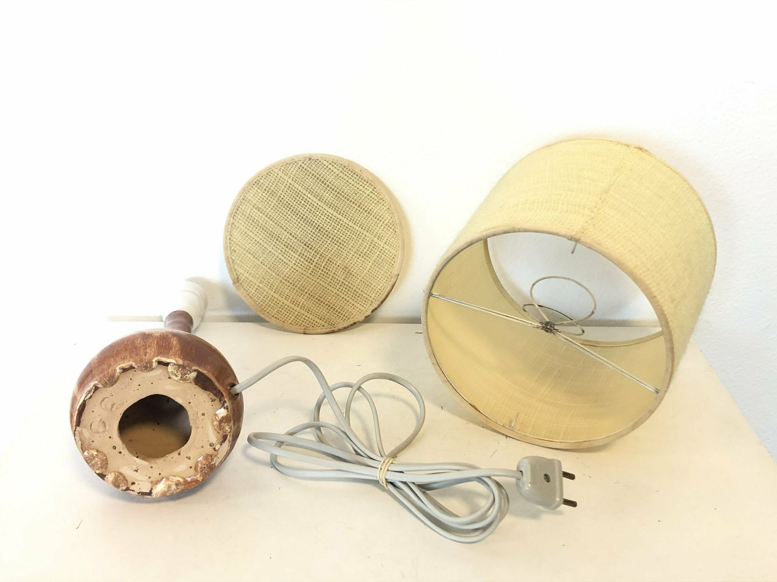 photo furniture Mid Century Modern Design Vintage Ceramic Table Lamp From Denmark With Brown And Beige Nuanced Glaze, Thin Neck And Fabric Drum Shade