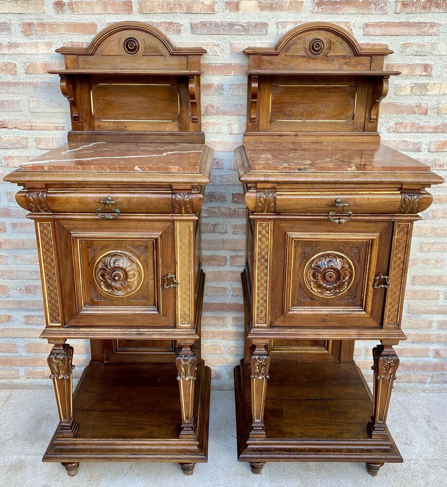19th Century French Marble Top Bedside Tables, 1890s, Set Of 2 photo for sale