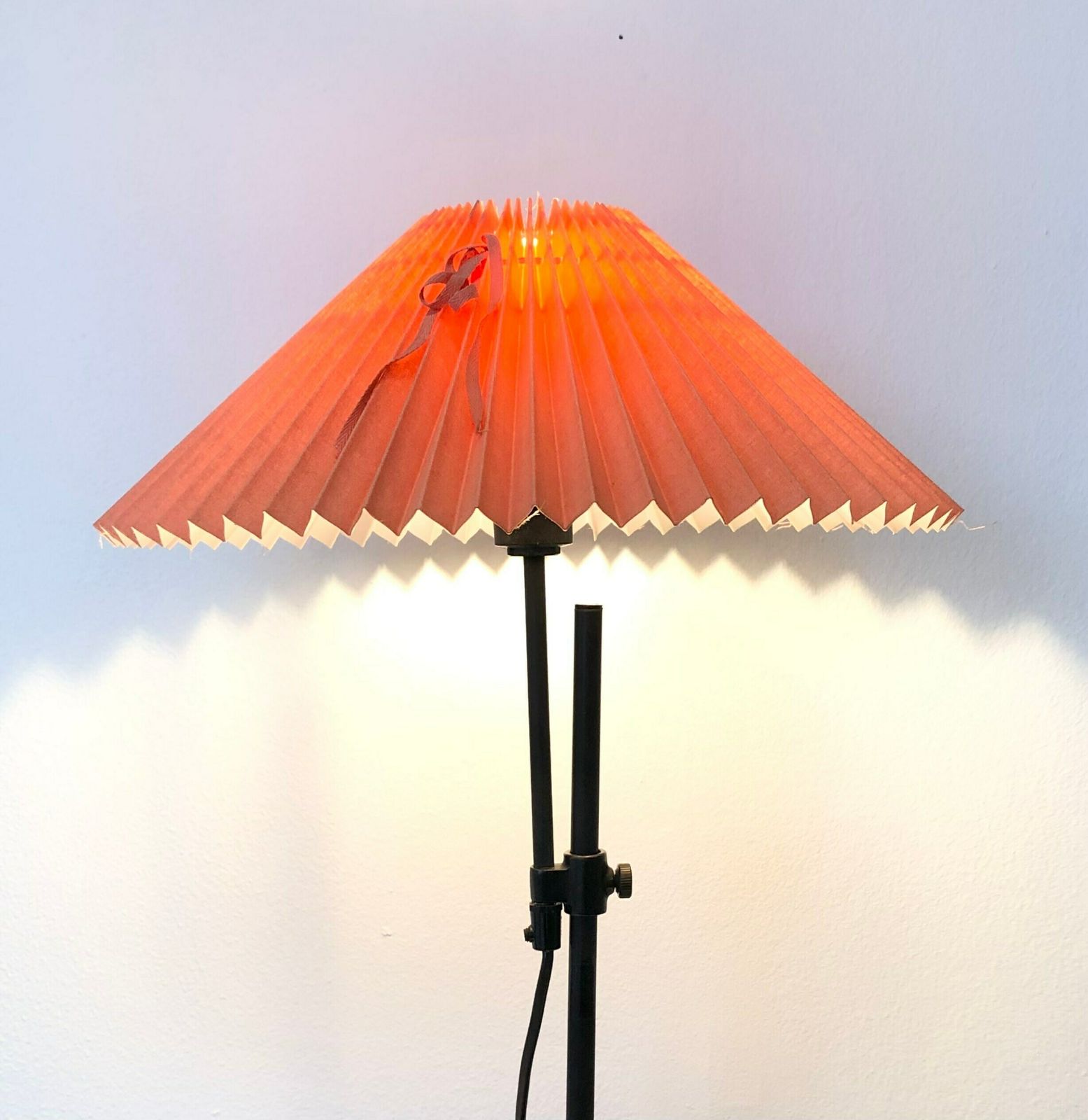 Danish Modernist Table Lamp With Heavy Black Painted Iron Base And Cute Coral Pleated Vintage Fabric Shade photo furniture