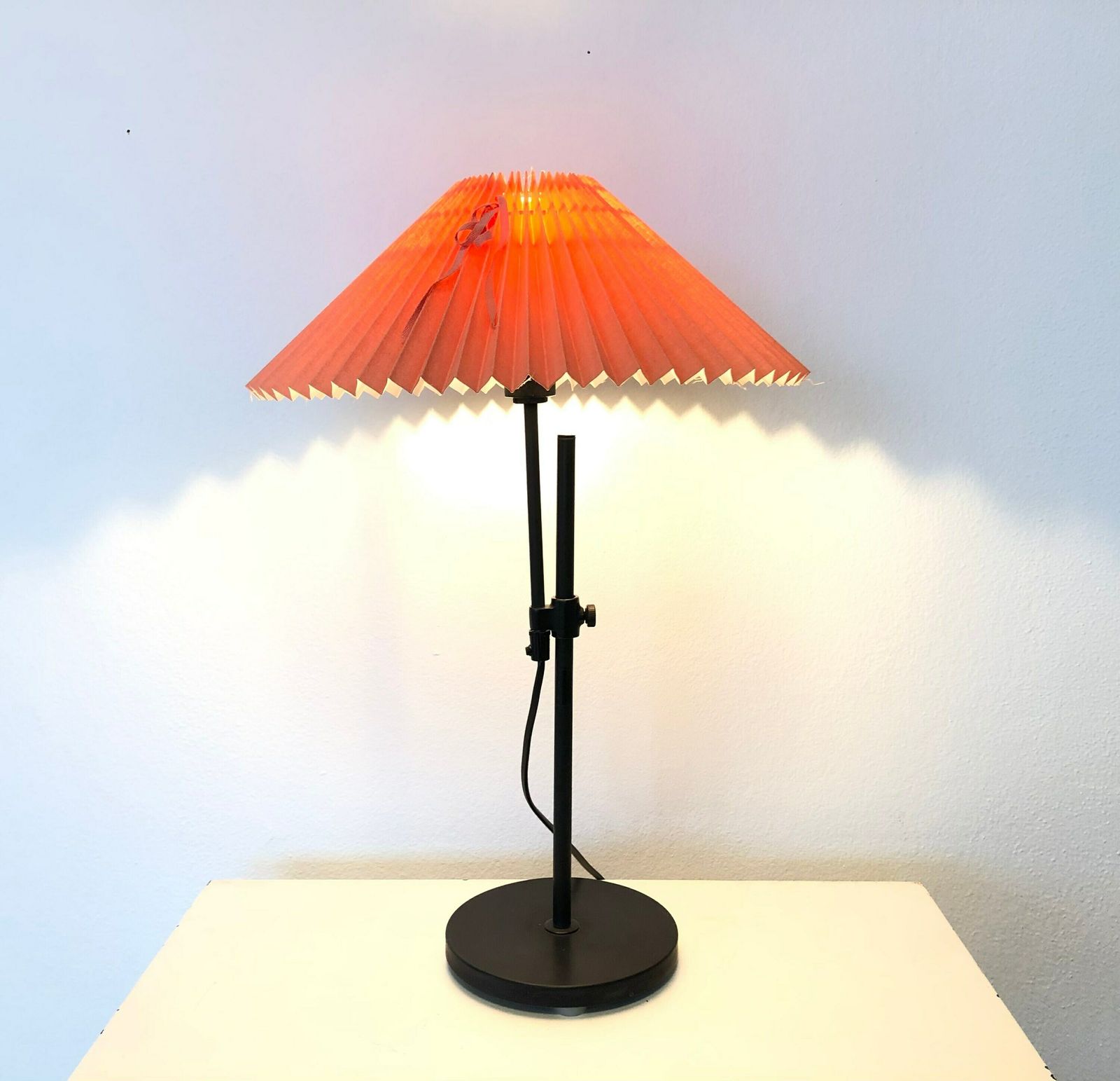 Danish Modernist Table Lamp With Heavy Black Painted Iron Base And Cute Coral Pleated Vintage Fabric Shade photo vinterior