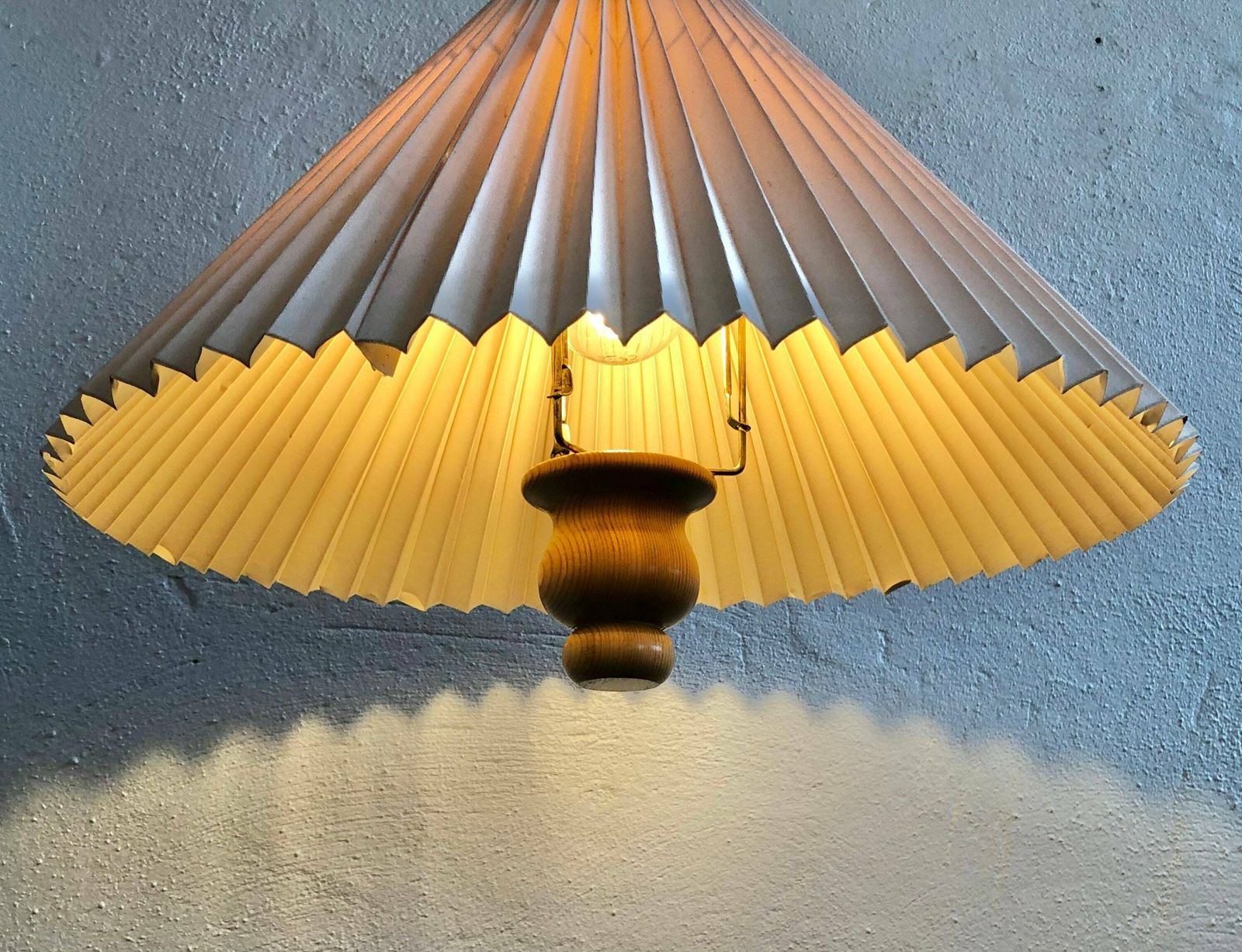 Danish Mid Century Vintage Ceiling Lamp With Large Beige Pleated Shade And Wood Details photo 245.0