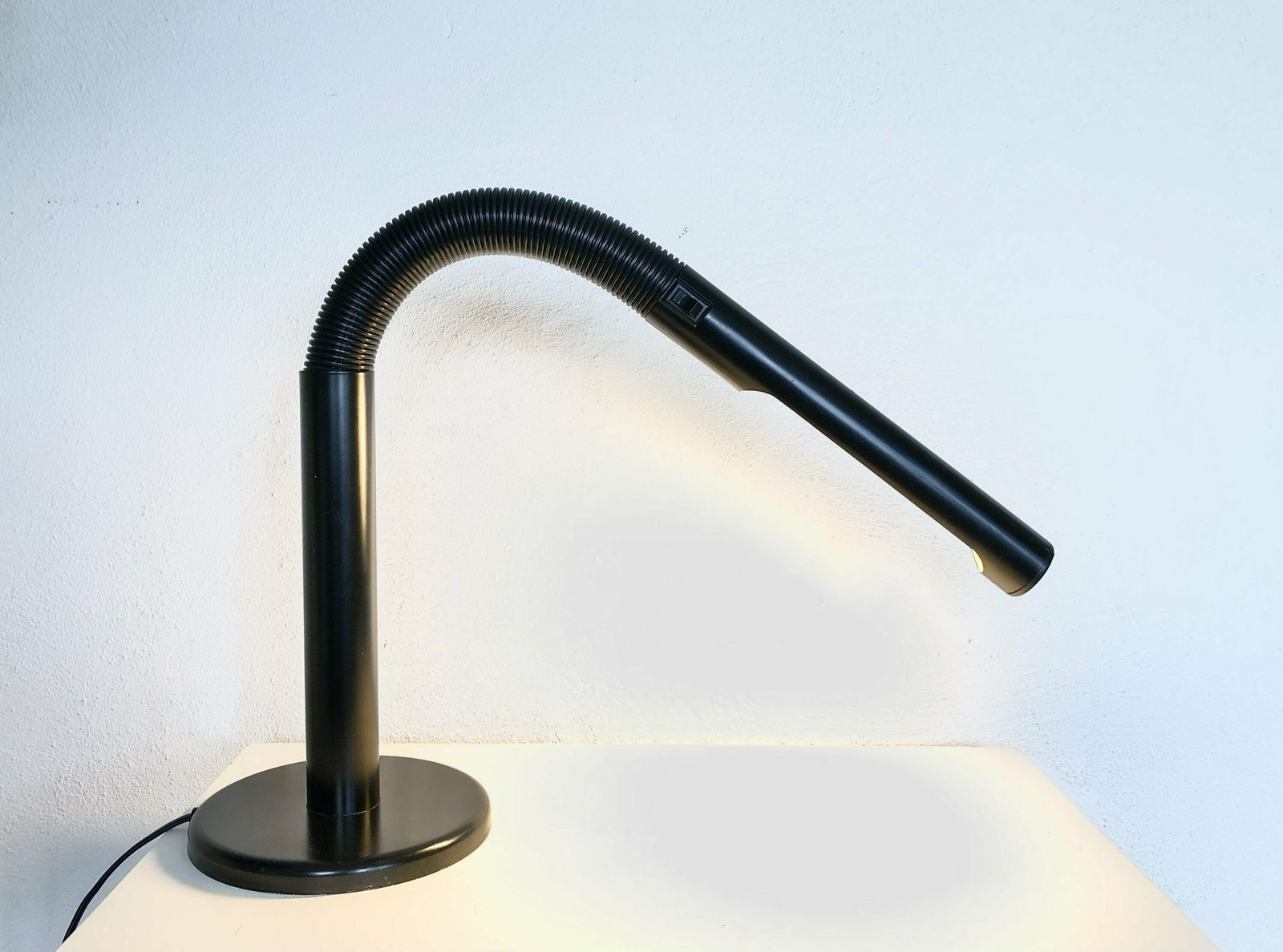 Minimalist Postmodern Tube Table Lamp In Black Painted Metal And Tubular Shapes With Flexible Arm photo for sale