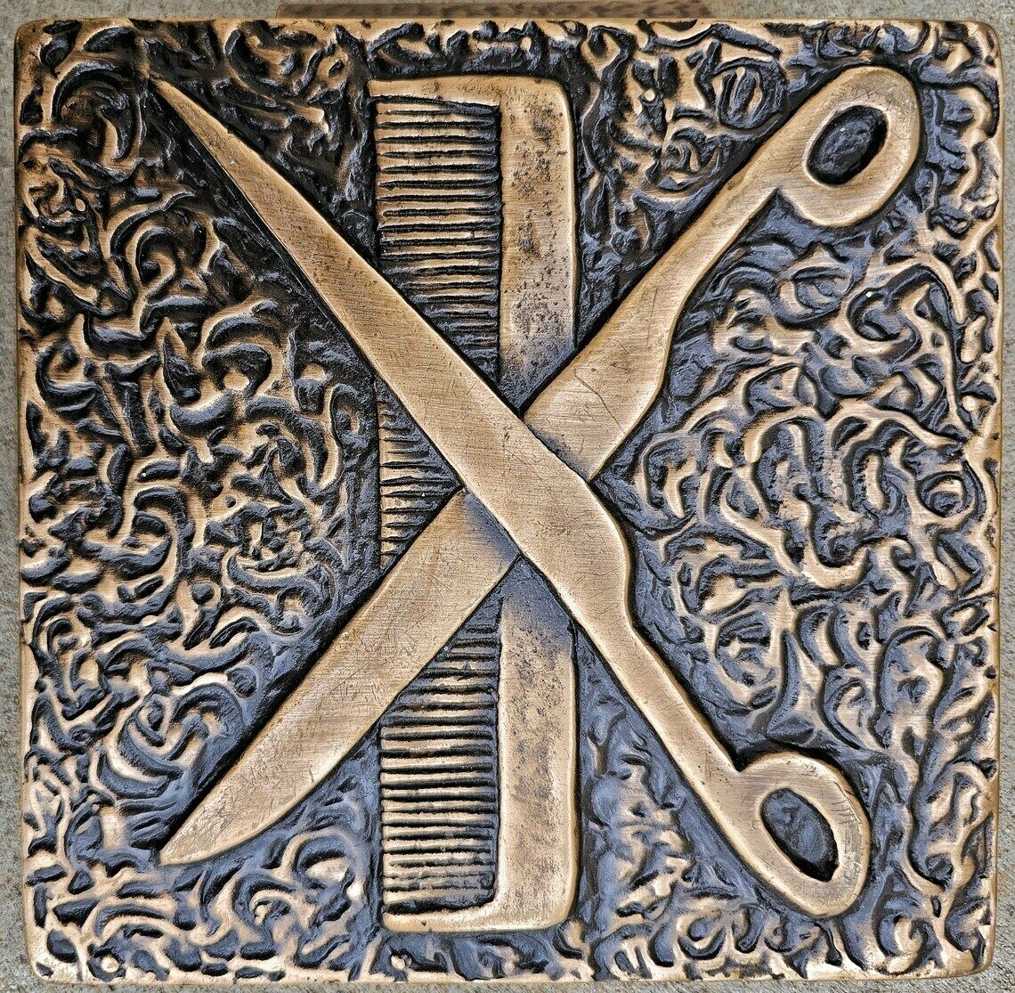 Large Brutalist Bronze Door Handle With Scissors And Comb // Made In West Germany 1960s photo vinterior