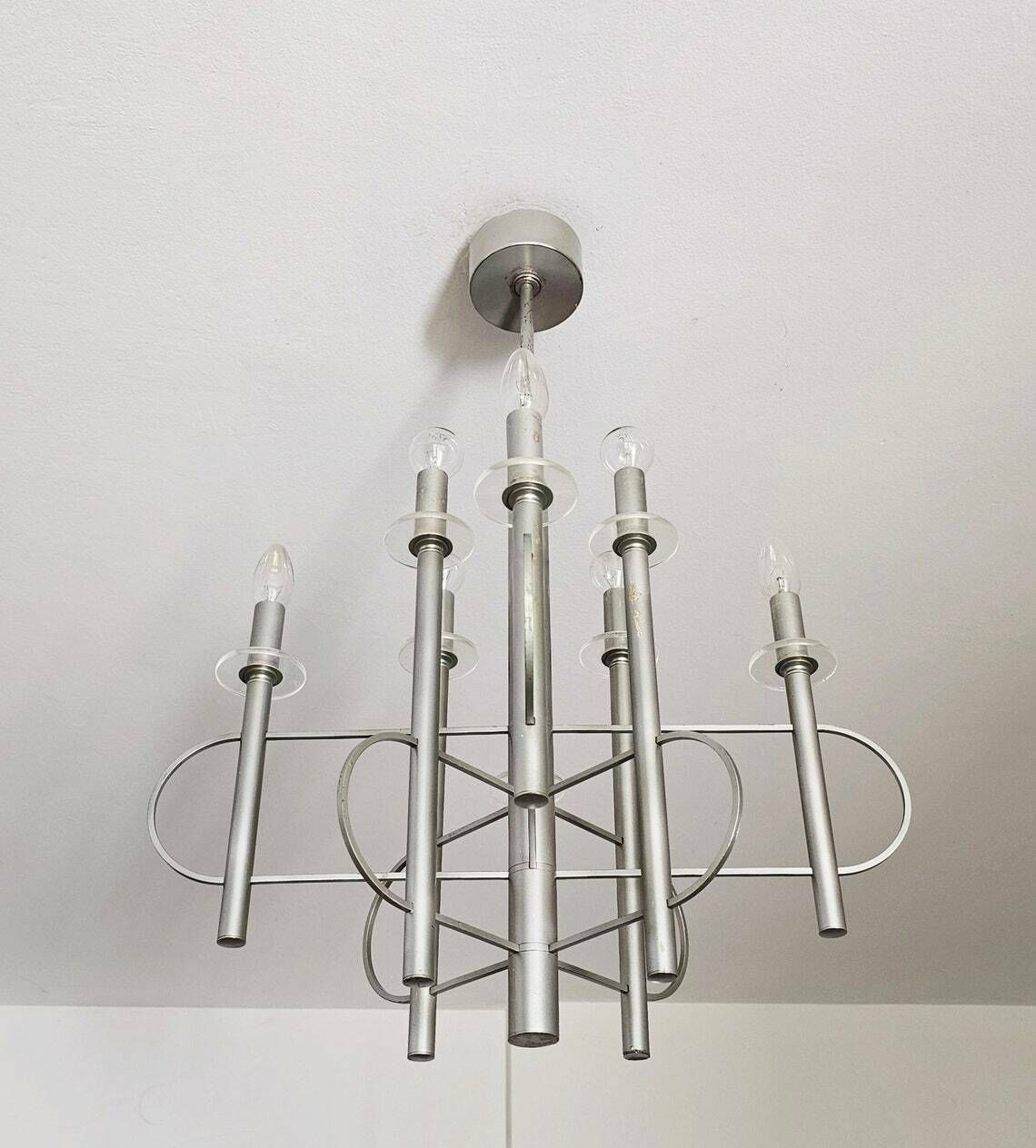 Minimalist Space Age 8 Arm Chandelier By Gaetano Sciolari Shaped As An Atom // Made In Italy In 1960s photo for sale