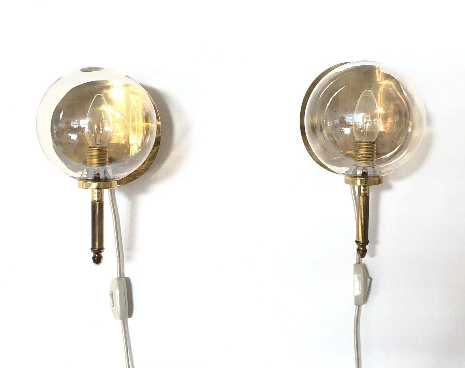 Pair Of Golden Elegant Danish Mid Century Art Deco Design Wall Lamps With Globe Glass Shades   Design By Tr&Co, Denmark photo for sale