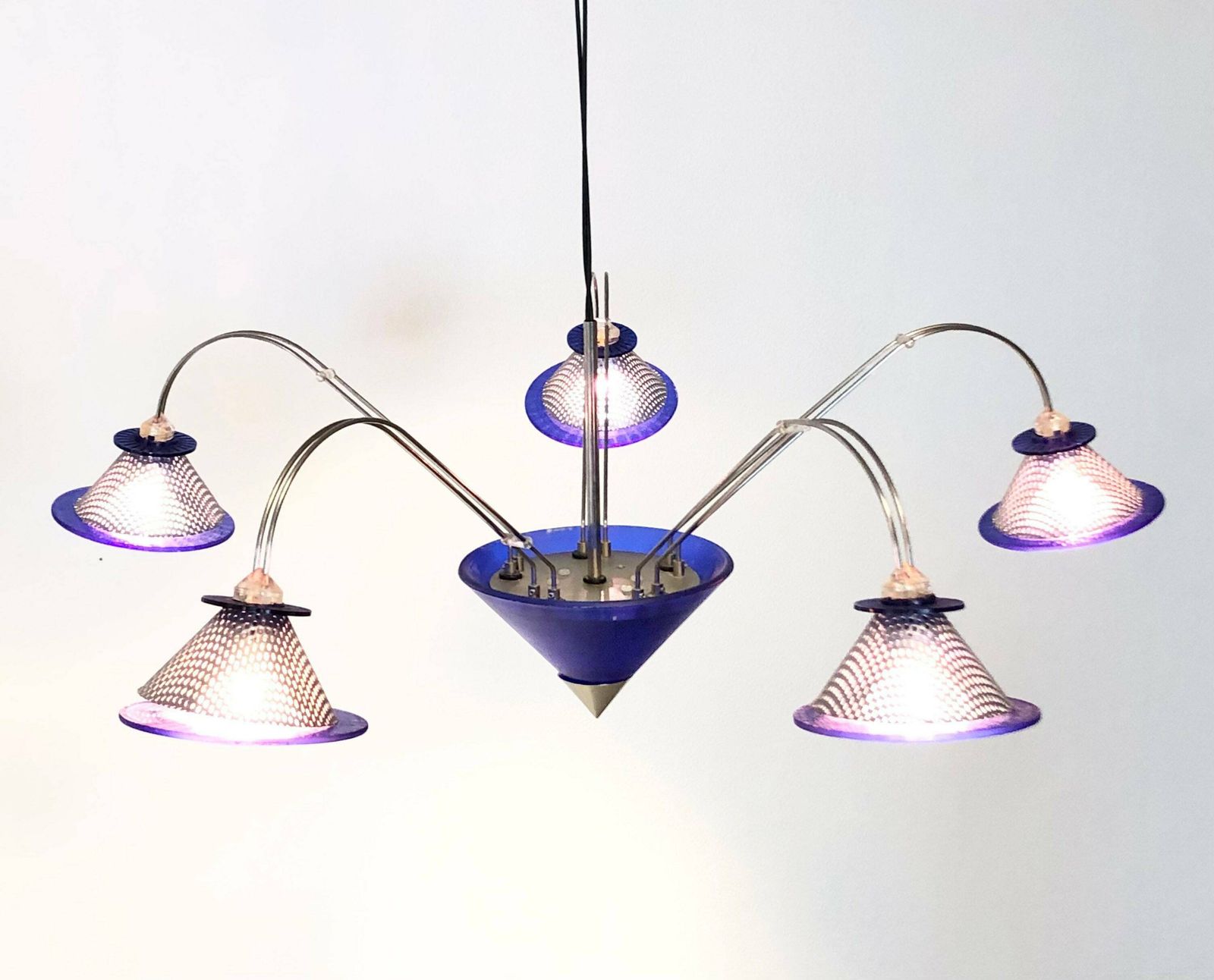 Cool Space Age Postmodern Danish Vintage Design Ceiling Lamp In Steel With Blue Glass Shades And Cool Style photo for sale