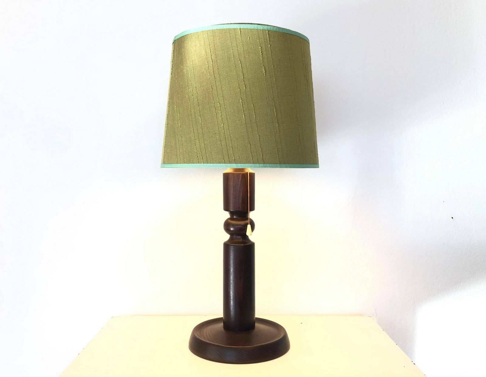 Vintage Danish Mid Century Large Wooden Table Lamp In Great Design With Beautiful Green Fabric Shade
