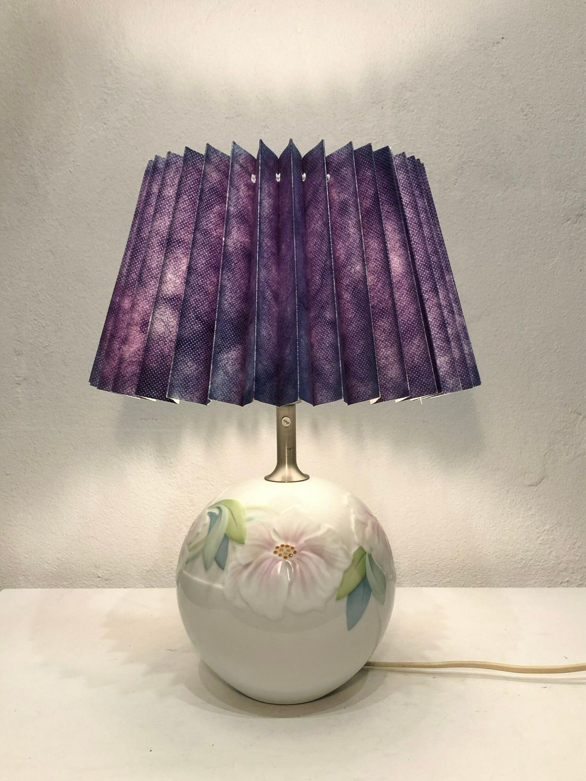 Royal Copenhagen Deauville Vintage Danish Porcelain Table Lamp With Floral Decoration And Purple Shade   Design By Annegrete Halling Koch photo 246.0