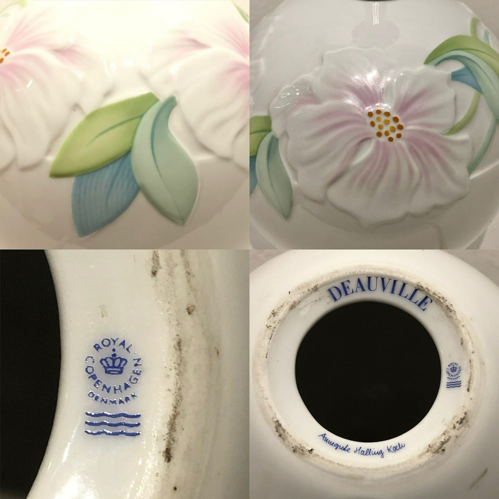 photo for sale Lampe de table Royal Copenhagen Deauville en porcelaine danoise vintage, à décoration florale et abat-jour violet, par Annegrete Halling Koch