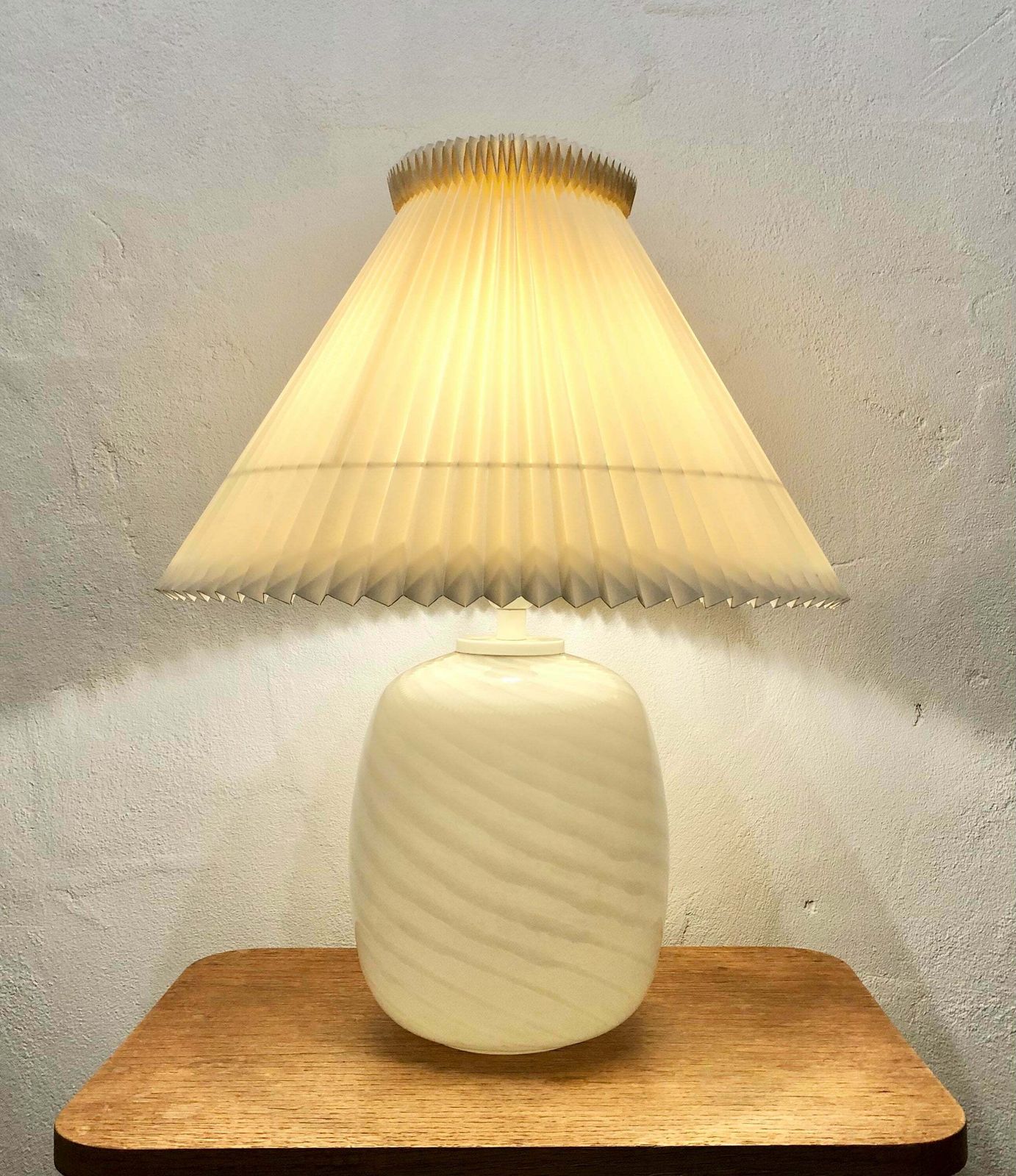 Danish Mid Century Modern Huge Table Lamp In Striped Patterned Minimalistic Art Glass With A Large Beige Pleated Le Klint Shade photo 393.0
