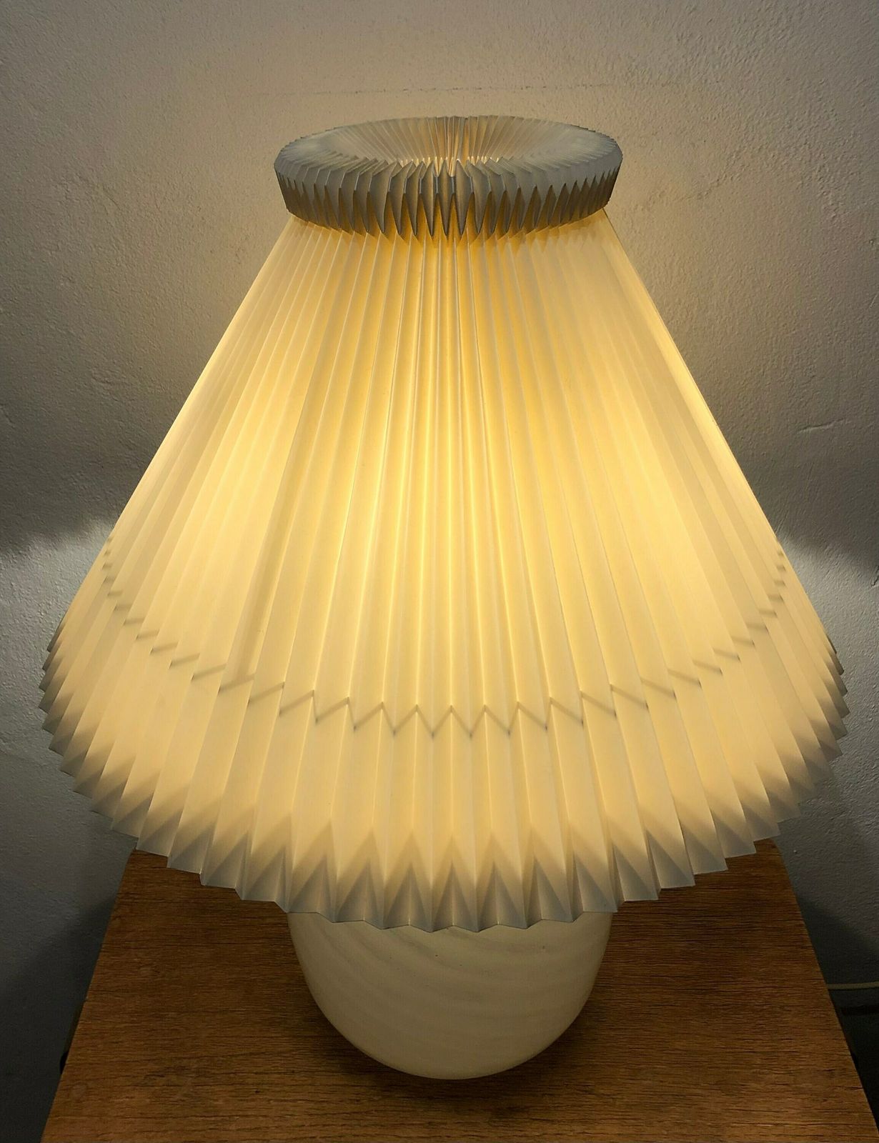 Danish Mid Century Modern Huge Table Lamp In Striped Patterned Minimalistic Art Glass With A Large Beige Pleated Le Klint Shade photo vinterior