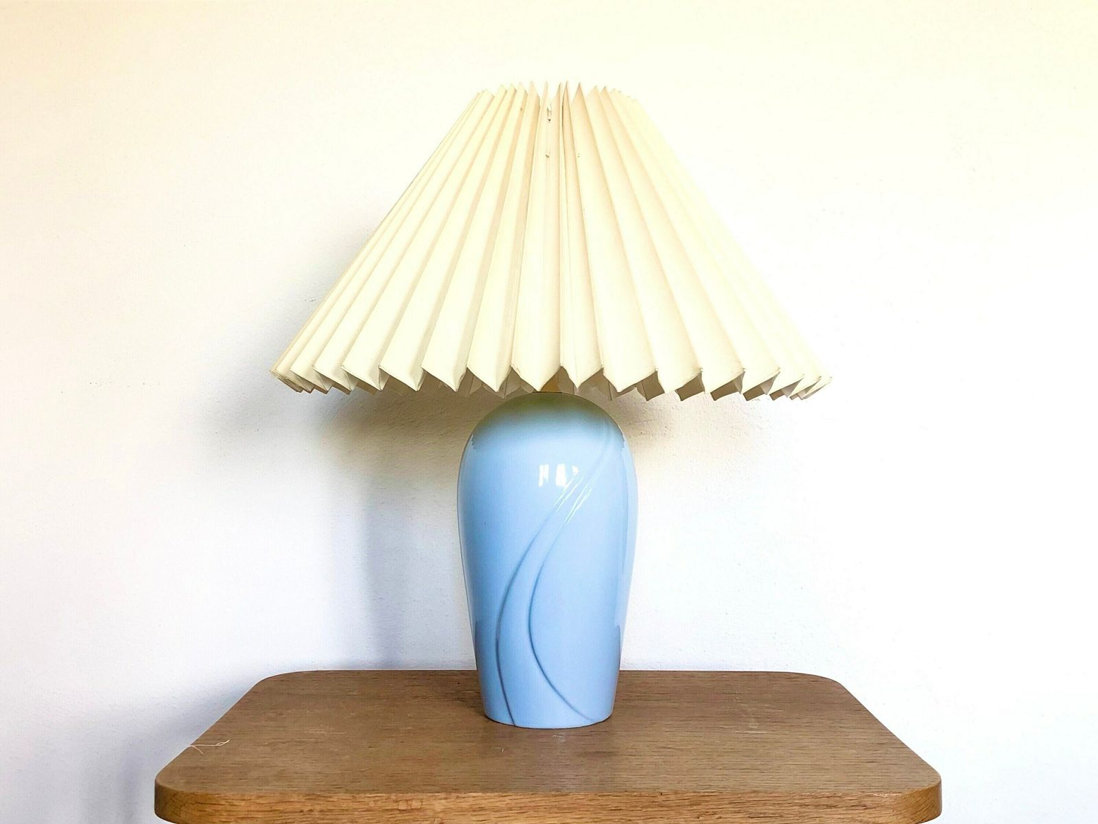 Danish Modernist Porcelain Table Lamp In Pastel Blue With Organic Pattern And Vintage Beige Pleated Fabric Shade   Design By Scan Lamps photo for sale