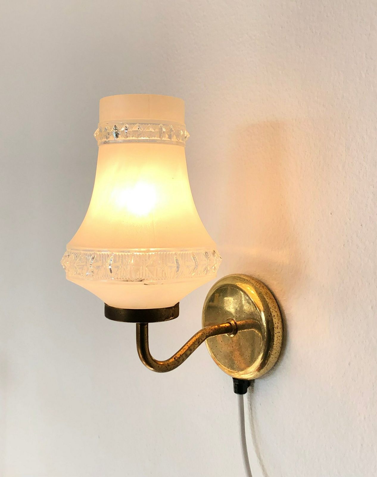 Pair Of Danish Mid Century Design Vintage Wall Lamps With Stunning Glass Shades And Brass Wall Mounts photo buy