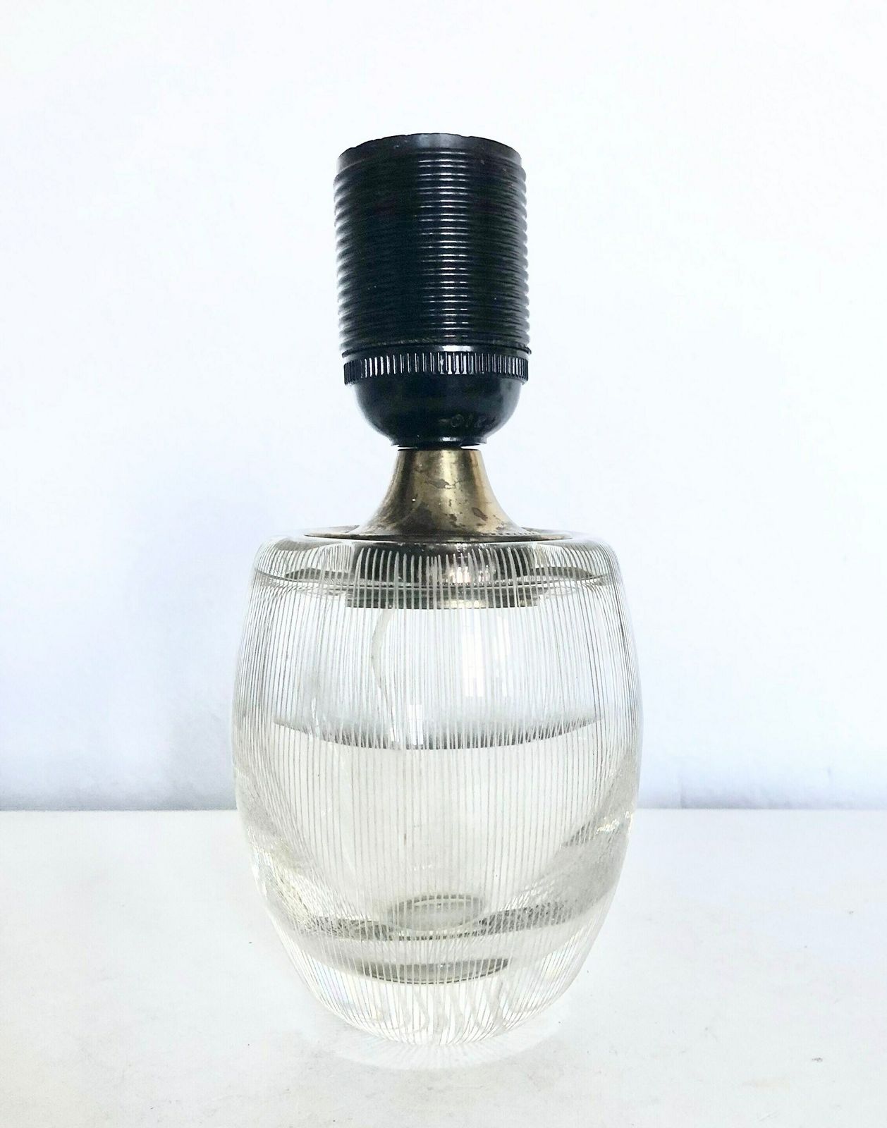 Exclusive Vintage Crystal Art Glass Table Lamp With Vertical Grooves And Brass Details photo vinterior