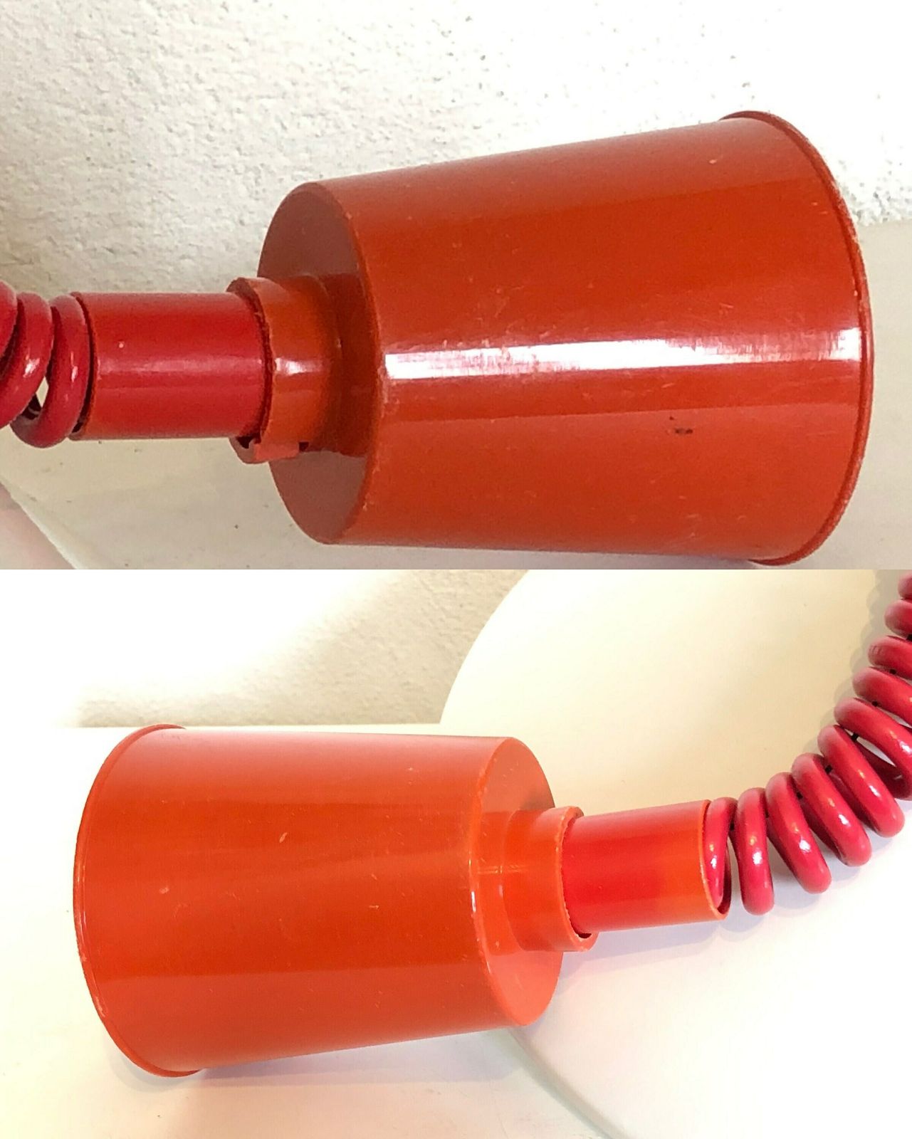 photo for sale Danish Minimalist Mid Century Ceiling Lamp In White Metal With Red Details
