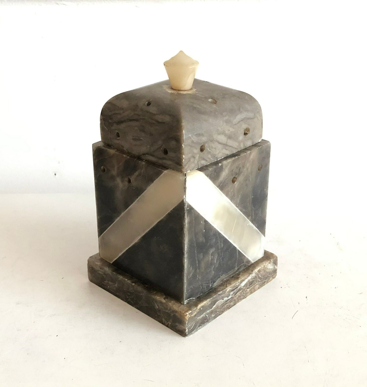 Vintage Gorgeous Black Alabaster Marbled Art Deco Table Lamp With Carved Architectural Shapes And Great Light Exposure photo vinterior