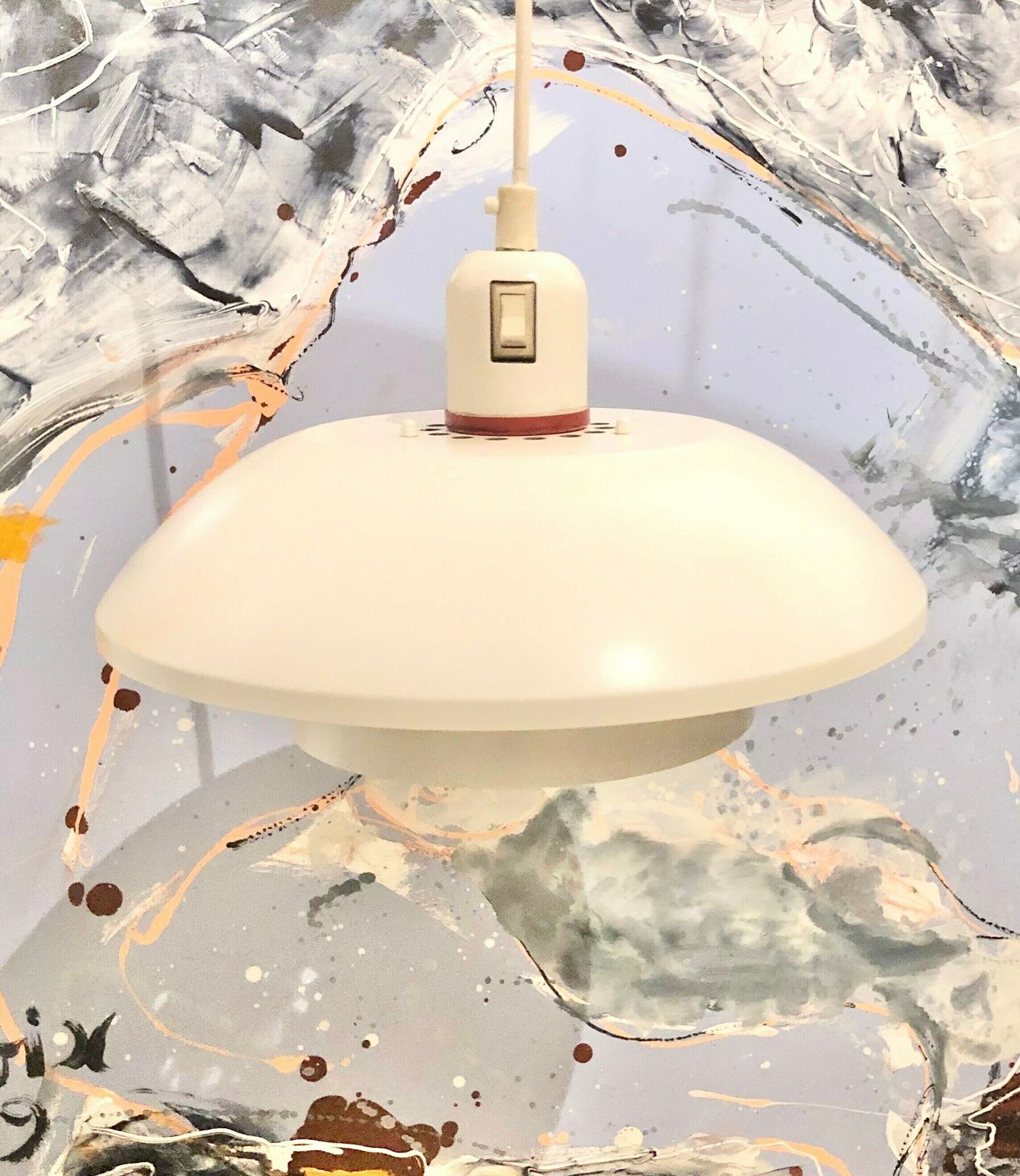Minimalist Danish Design Multilayer Mid Century Ceiling Lamp In White Metal With Red Detail photo furniture