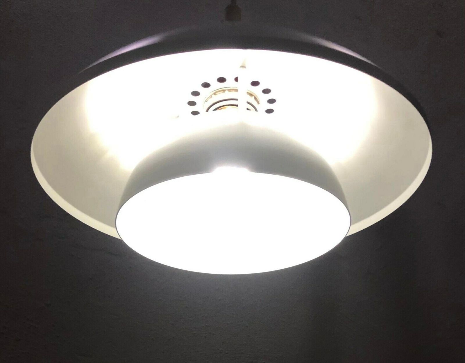 Minimalist Danish Design Multilayer Mid Century Ceiling Lamp In White Metal With Red Detail photo vinterior
